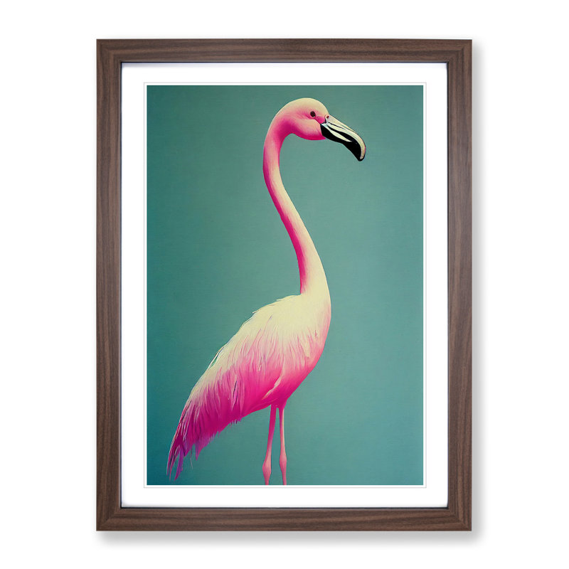 Charming Flamingo - Wall Art, 66cm H x 48cm W x 2cm D, Walnut Framed, White