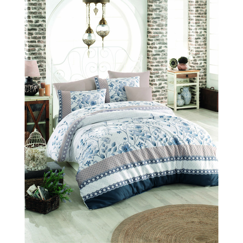 Ensemble de housse de couette simple 100% coton Ranforce, bleu / blanc / beige, housse de couette 61 x 79, taie d'oreiller 20 x 31 | 140 fils, lavable à la machine, fermeture à boutons pour couette et fermeture à enveloppe pour taie d'oreiller | Literie douce et confortable