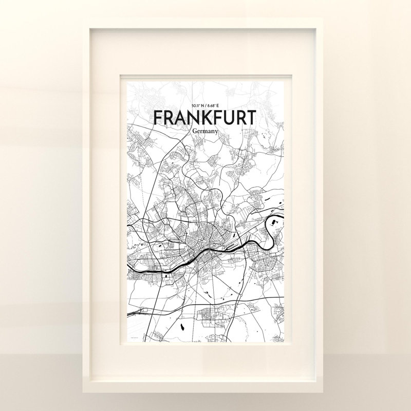 Carte de Francfort, impression graphique contrastée, H 17 po x l 11 po, Noir / blanc