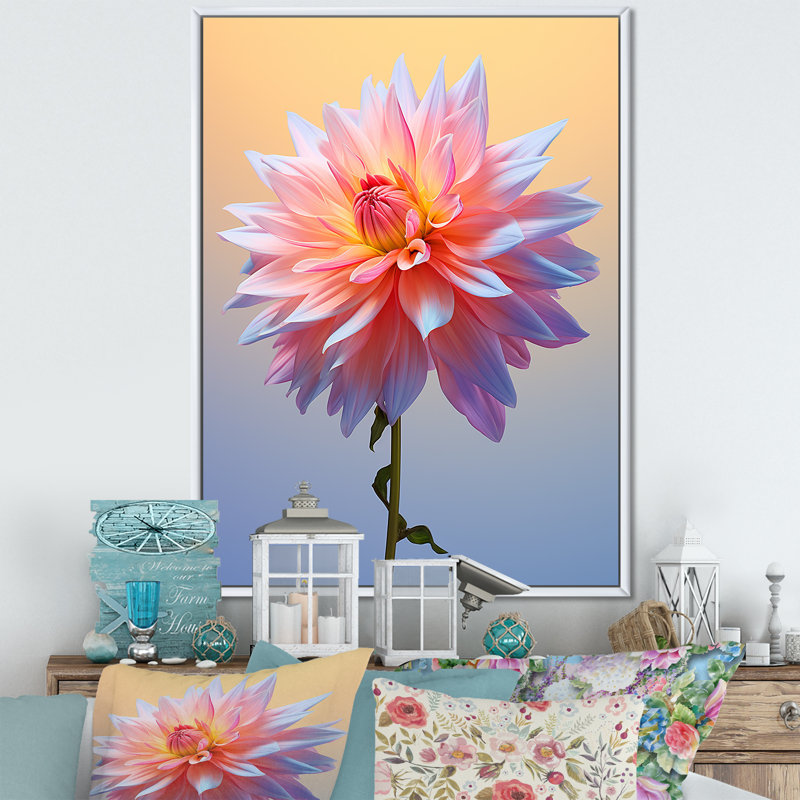 Danse corail et bleu Dahlia I - impression, H 20 po x l 12 po x P 1 po, Cadre flottant blanc