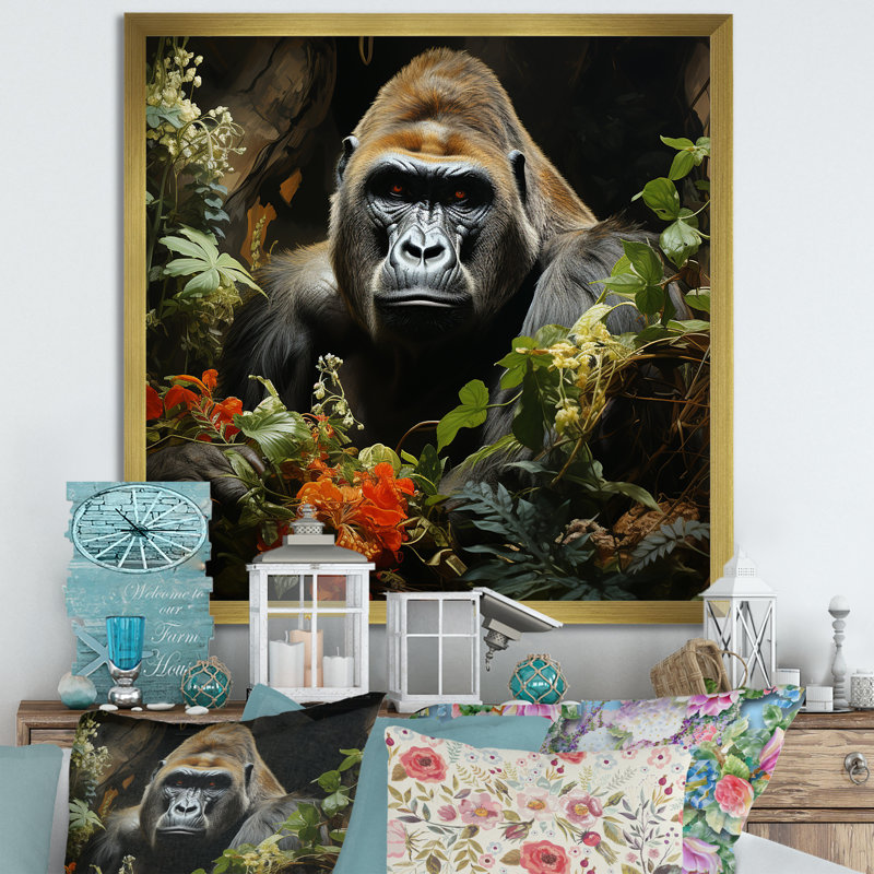 Floral gorille dans la jungle sur toile, H 16 po x l 16 po x P 1 po, Cadre doré simple