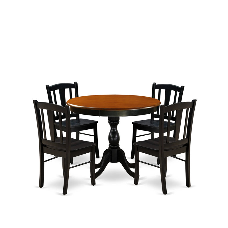 Ensemble de salle à manger 5 pièces moderne comprenant une table ronde en bois et 4 chaises de salle à manger avec dossier à lattes - finition noire