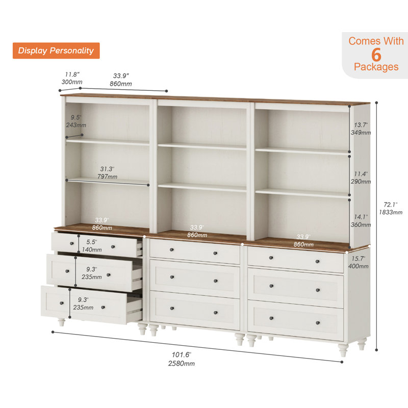 101'' Farmhouse Pantry Cabinets, Dining Hutch With Drawers And 3 Tier Adjustable Shelves, White
