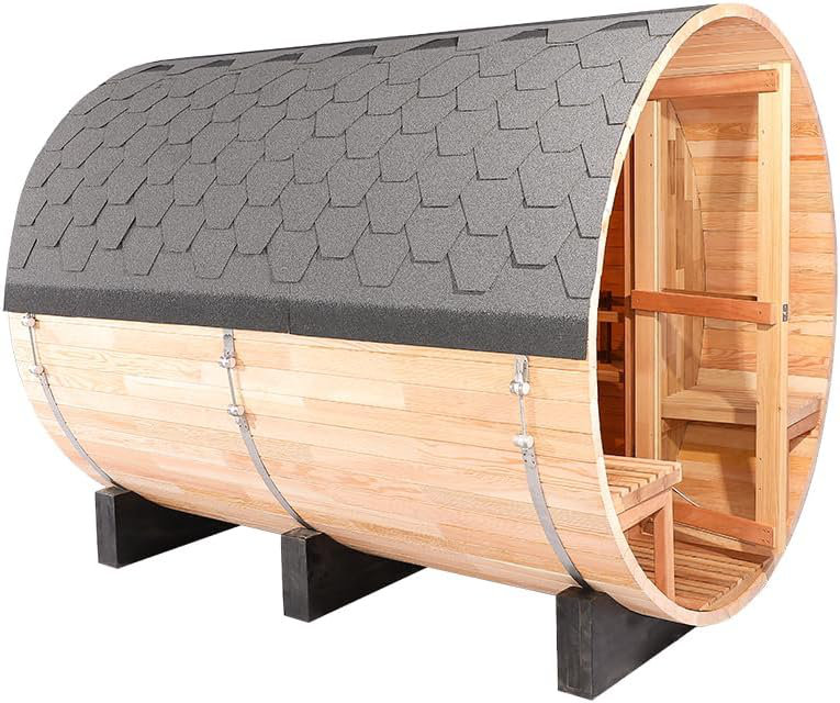 ZONEMEL Barrel Steam Sauna Room with Panoramic View,6.2’ x7.8’, Bitumen Roofing, Spruce Wood Outdoor Saunas with 6kw Electric Heater, Volcanic Rocks, 6-8 Person Sauna Bath for Garden Courtyard
