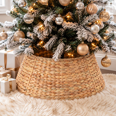 Collier de sapin de Noël de 107 cm, jupe de sapin en rotin, grand cache-pied de sapin en jacinthe d'eau tissée pour la décoration intérieure avec découpe pour cordon.