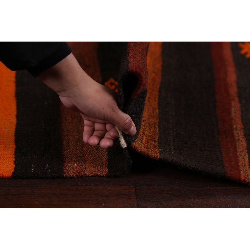 Tapis noir / orange / rouge en laine fabriqué à la main Annedörte Kilim