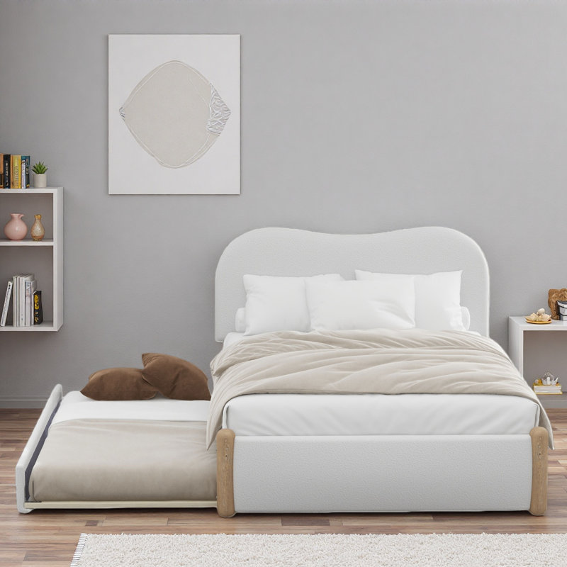 Upholstered Platform Bed With Trundle, White, Full