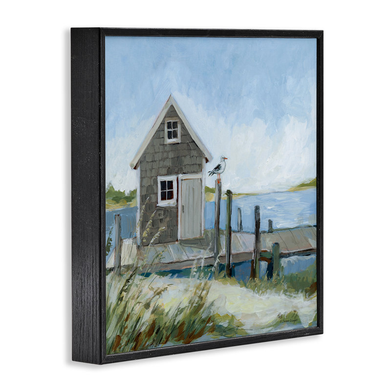 «Scenic Boat House View», art de la giclée encadrée, conception par Susan Winget, Giclée encadrée noir minuit