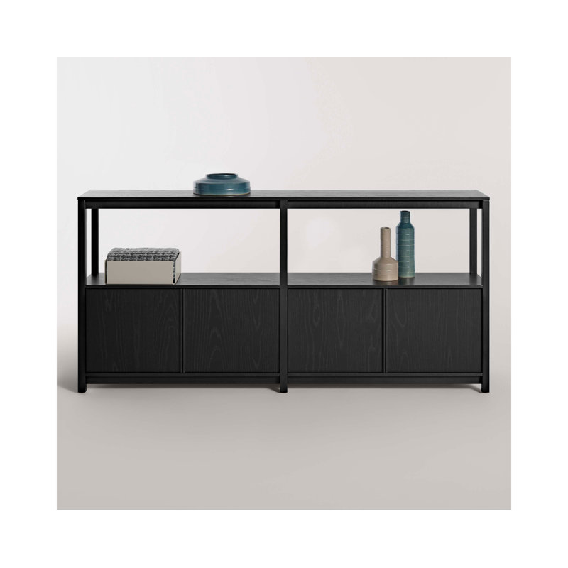 Open Plan Low Bookcase with Storage, Black on Oak, (2 Sheves) 33" H x 68" W x 13" D
