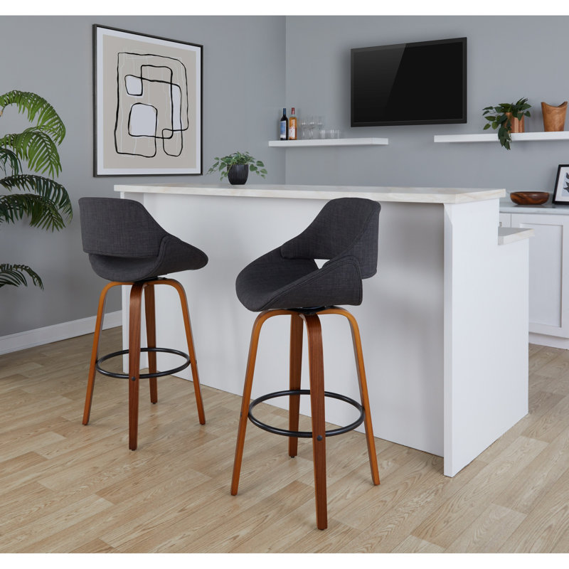 Tabouret de bar Mid-Century moderne à hauteur fixe avec pivot, Black Seat/Brown/Black Frame