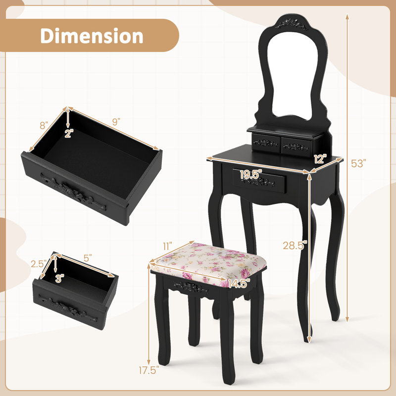 Ensemble coiffeuse avec tabouret et miroir Cindy, Noir