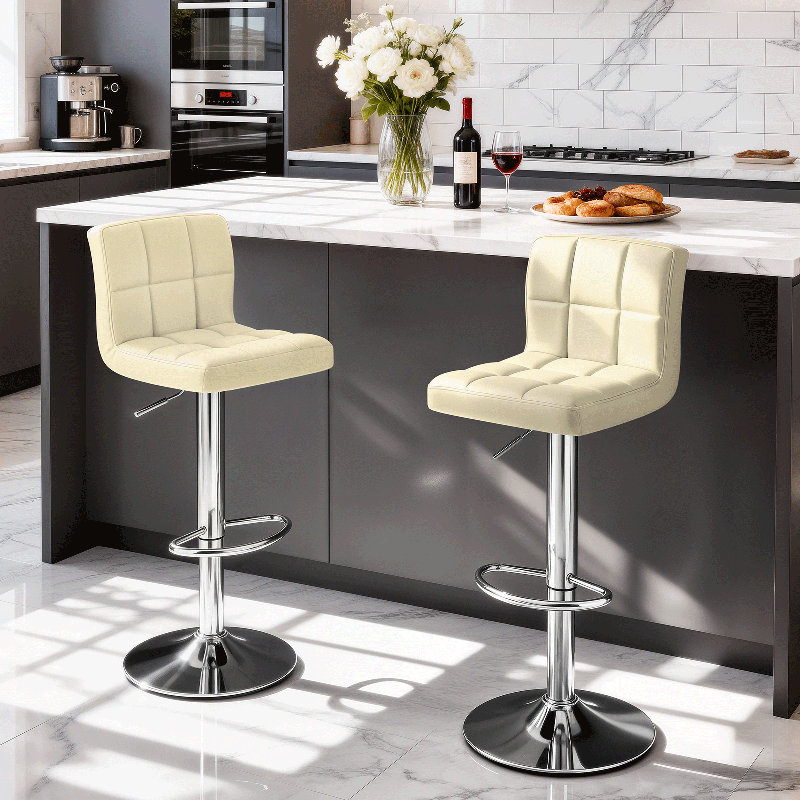 360° Swivel Counter Height Bar Stools, Faux Leather Adjustable Bar Chairs For Kitchen Or Home Bar, Beige, Chrome