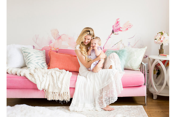 Barefoot Blonde and baby, pink day bed