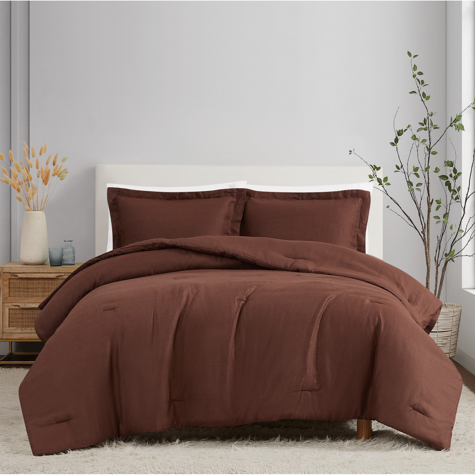 Nena Linen Comforter Set, Queen Comforter + 2 Standard Shams, Brown