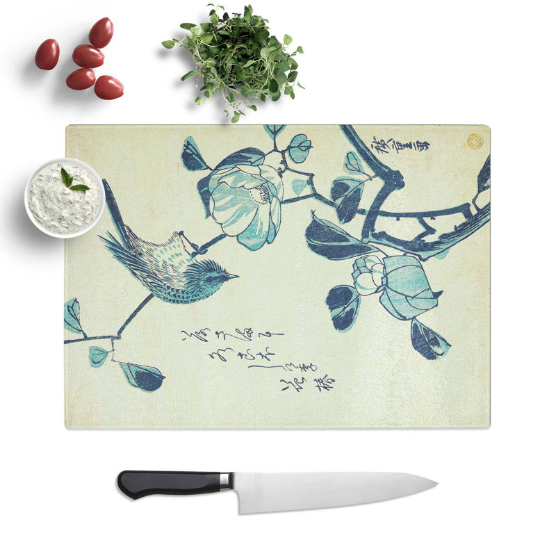Tempered Glass Camellia and Bird Chopping Board, 28.5 cm W x 20 cm L