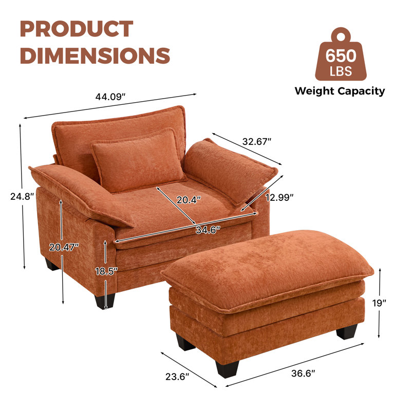 Chaise d'appoint moderne surdimensionnée en chenille avec repose-pieds, ensemble de canapé simple à assise profonde 2 pièces et chaise longue