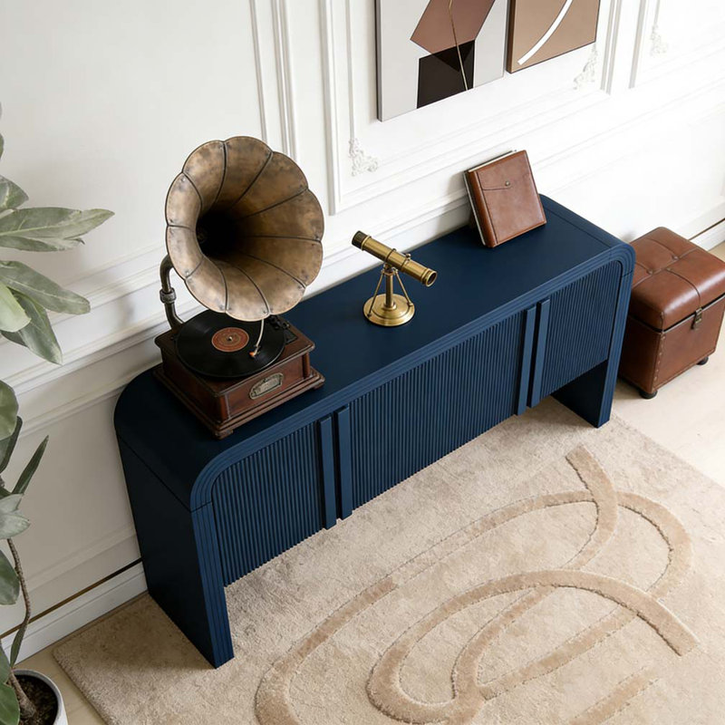 Console 63 pouces à motif de vagues avec 4 portes et tablette réglable, Marine