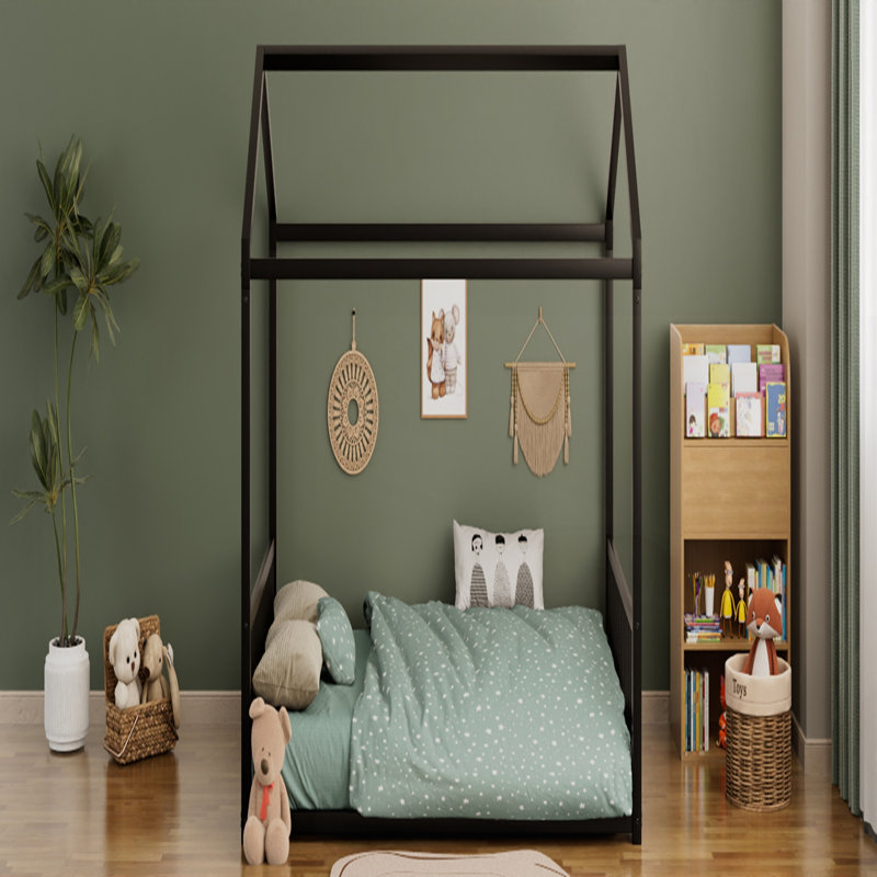 Structure de lit pleine grandeur en métal de style Montessori, en forme de maison avec barrières de sécurité verticales pour enfants et tout-petits, facile à assembler, sans lattes, noir