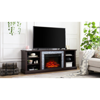 Console multimédia avec foyer encastré de 23 po et grand rangement, cerisier, l 71,38 po x P 15,13 po x H 25,6 po, convient aux téléviseurs de 75 po