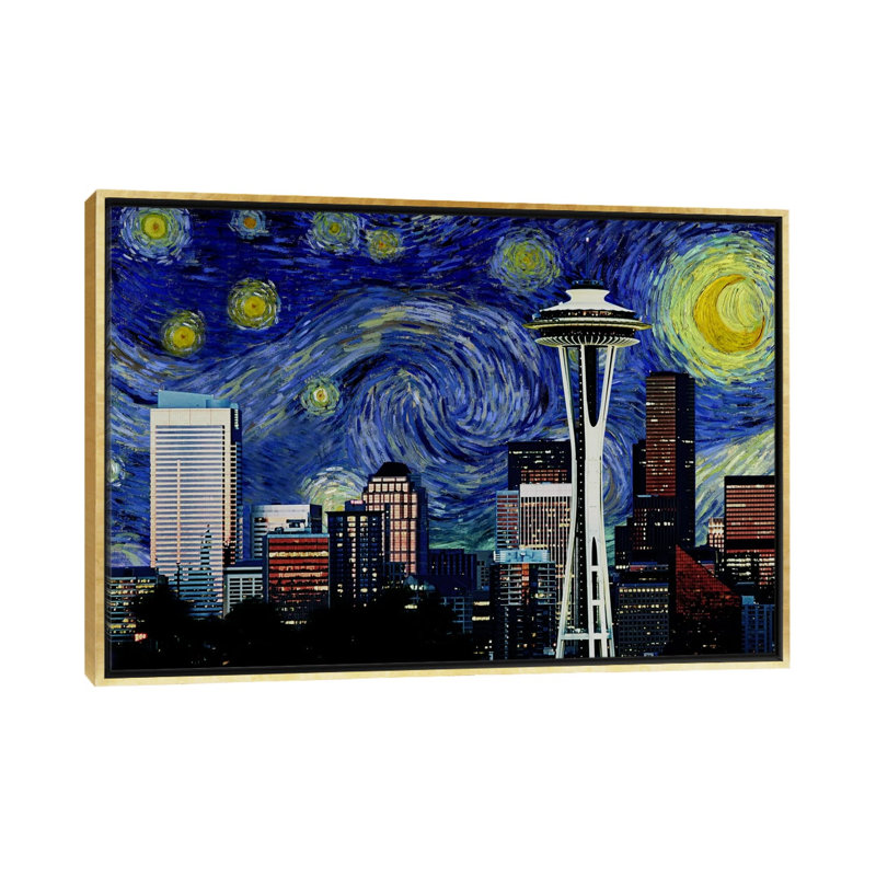 Seattle, Washington Starry Night Skyline - impression d'art graphique, H 40 po x l 60 po x 1,5 po, Toile encadrée d'or