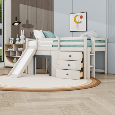 Lit mezzanine double en bois avec 3 tiroirs et glissade