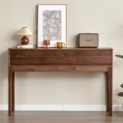 Brown Solid Black Walnut Three Drawer Fluted Entryway Console Table