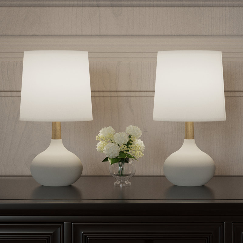 14'' White Ceramic and Wood Modern Table Lamp Set