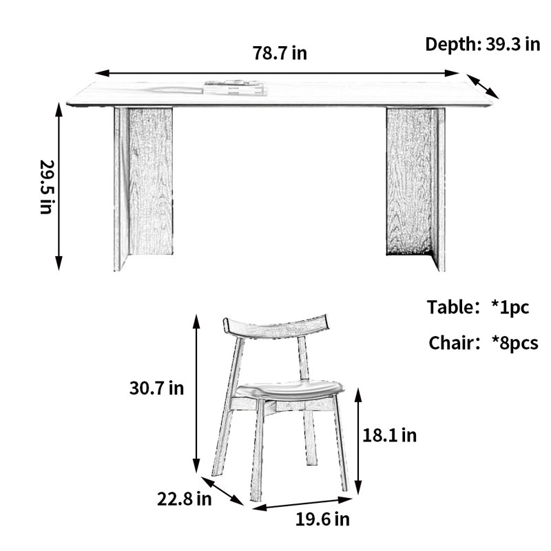 Table et chaises simples dans un ensemble de salle à manger rectangulaire de style ancien, H 29,5 po x L 78,7 po x l 39,3 po