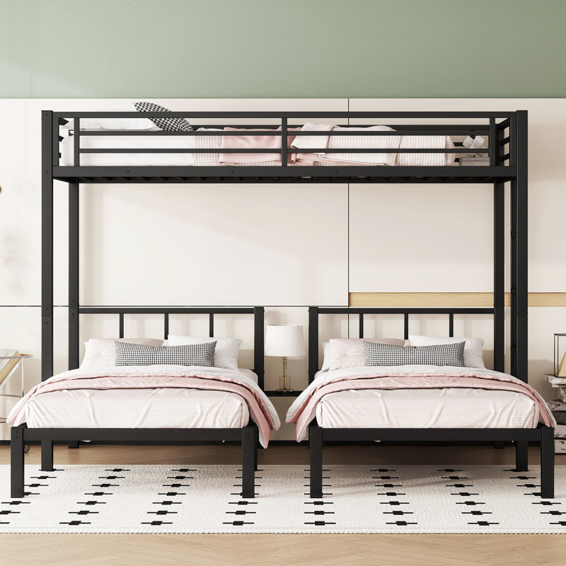Metal Triple Bunk Bed for 3, Twin XL Over Twin & Twin, Detachable Frame with Shelf & Table, Black