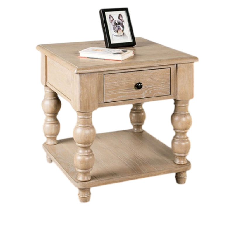 Table de bout carrée Cherie, 1 tiroir, tablette, blanc clair délavé, 24 po