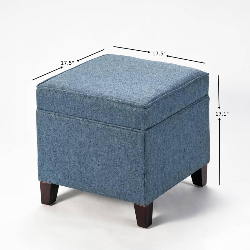 17.5" Square Upholstered Storage Ottoman, Blue Linen Blend