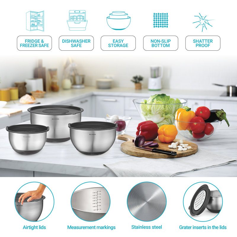 Stainless Steel 5-Piece Mixing Bowl Set with Black Lids