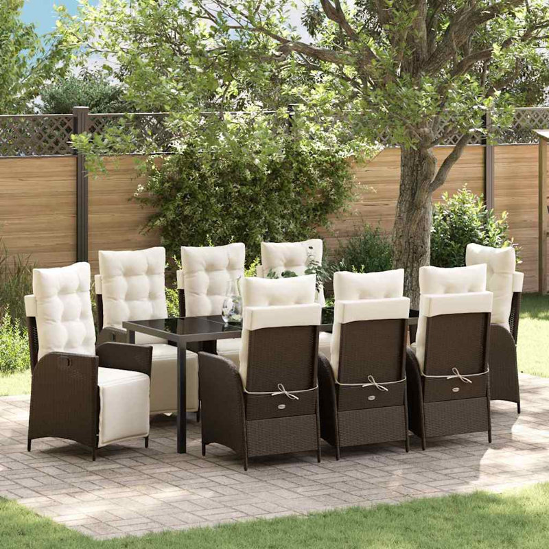  Ensemble de salle à manger de jardin avec coussin 9 pièces en rotin de polyester brun, Beige Cushion/Brown Frame, 8