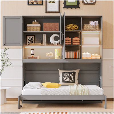 Lit escamotable mural simple avec armoire supérieure