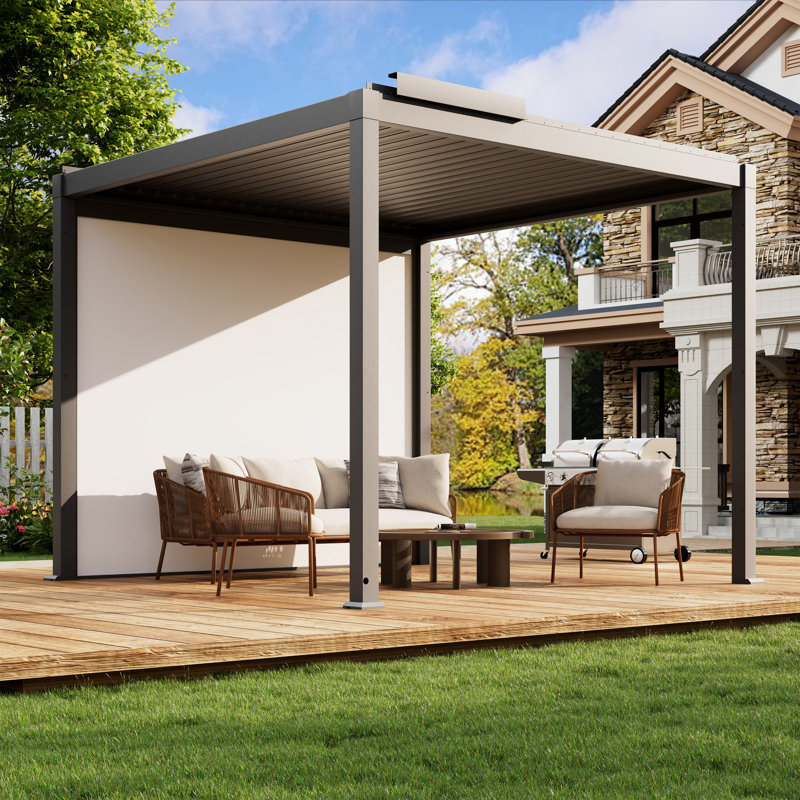 Pergola motorisée en aluminium à persiennes avec lumières DEL et écran de projection électrique 2-en-1, 10 pi x 10 pi