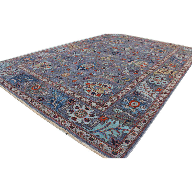 Tapis bleu / gris / orange en laine noué à la main de conception unique 5 pi 9 po x 8 pi 7 po