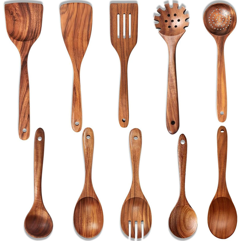Ensemble d'ustensiles de cuisine 10 pièces, ensemble d'ustensiles de cuisine en bois avec crochets