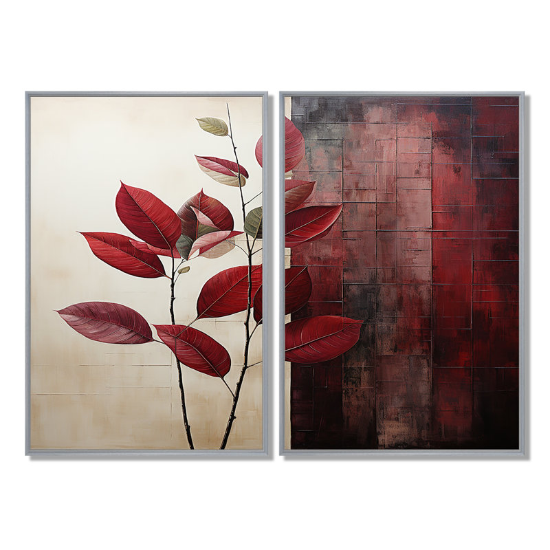 Bordeaux Bordeaux feuille audacieuse II - décoration murale rouge, Impression encadrée flottante, Argent argent