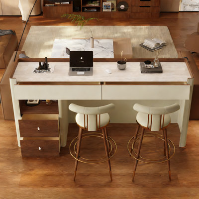 55.12" French Vintage Style Living Room Bar with Sintered Stone Countertop and Beige Saddle Leather Trim