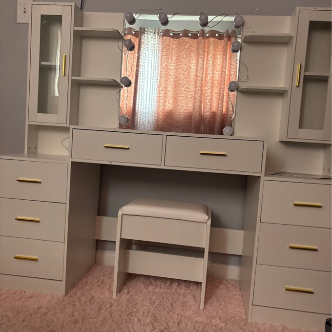 Wrought Studio Adriel 59.1" Large Vanity Desk Table With Mirror & Lights, White Makeup Vanity With Power Outlet And 8 Drawers 2 Cabinets & Reviews | Wayfair Wrought Studio Adriel 59.1" Large Vanity Desk Table With Mirror & Lights, White Makeup Vanity With Power Outlet And 8 Drawers 2 Cabinets & Reviews | Wayfair