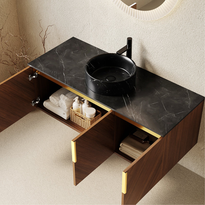Meuble-lavabo de salle de bain avec lavabo rond en céramique, armoire de rangement murale en contreplaqué avec portes