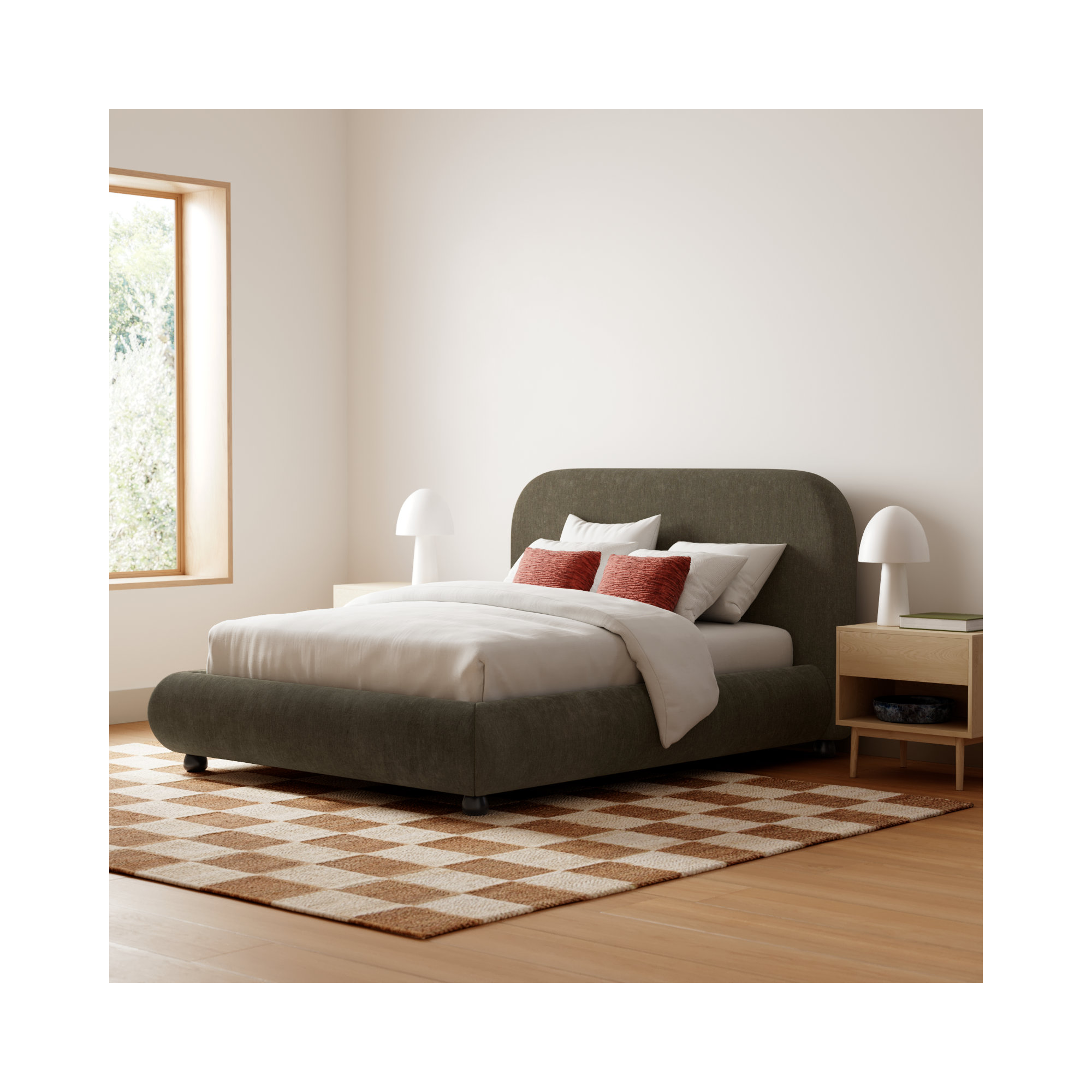 Reggie Upholstered Platform Bed, Olive Green Performance Chenille, Queen