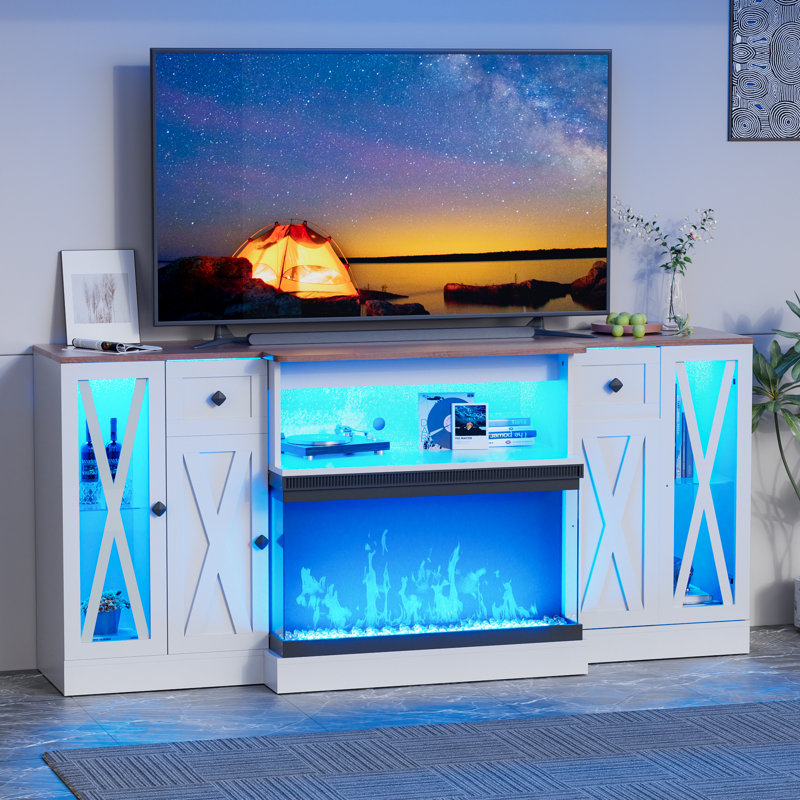 70" Farmhouse TV Stand with 30" Panoramic Glass Electric Fireplace and LED Lights, White Entertainment Center with Glass Door Storage