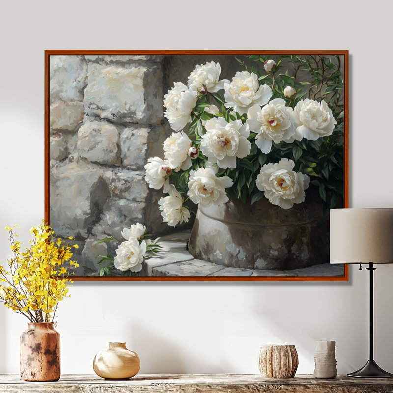 Pivoines près du puits de ferme II - pivoines, art mural, H 16 po x l 32 po, Cadre flottant brun
