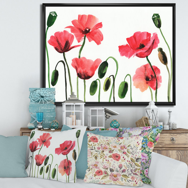 Coquelicots rouges rétro - peinture sur toile, H 16 po x l 32 po x p 1 po, Cadre flottant noir
