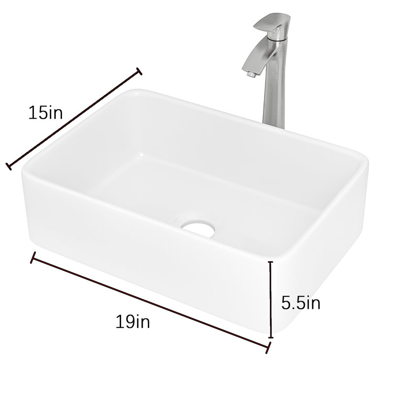 19"X15" White Ceramic Rectangular Vessel Bathroom Sink, Brushed Nickel