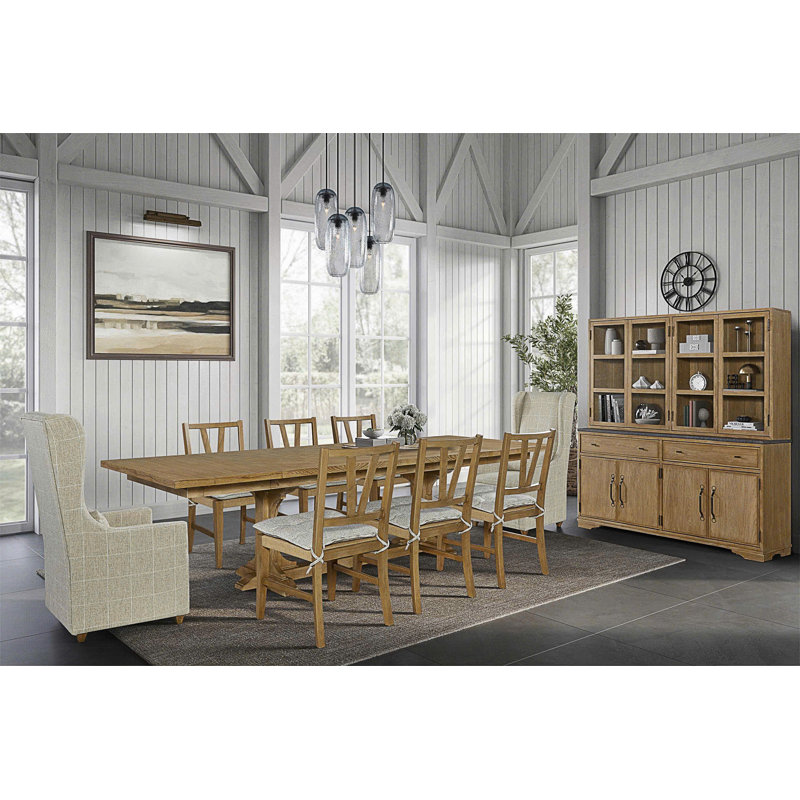 Table de salle à manger élégante en placage de hickory avec design géométrique et longueur extensible pour des sièges polyvalents