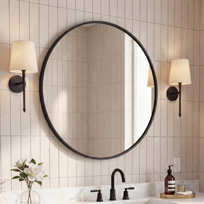 Eclipse 30 in. Large Circle Aluminum Alloy Framed Wall Mounted Mirror, Black
