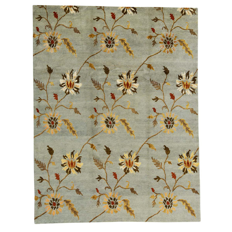 Tapis bleu clair / jaune de haute qualité noué à la main