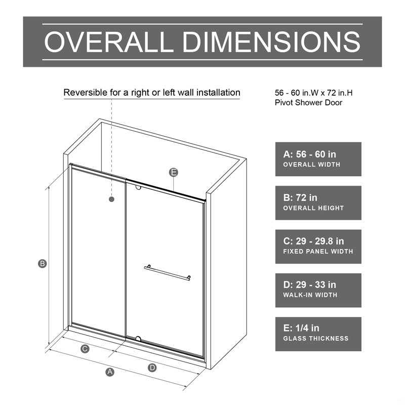 60.In W X 72.In H Pivot Shower Door, 1/4 Inch Thick Clear Tempered Glass Swing Shower Door, Matt Black